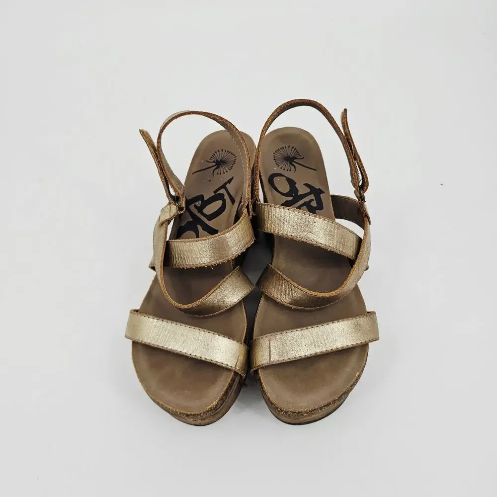 OTBT Sail Leather Strappy Wedge Sandal Gold Womens 10 M Boho Beachy Bohemian